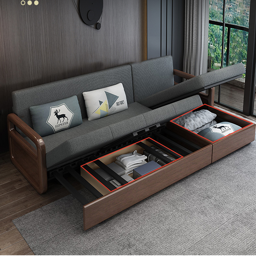 Ghế Sofa Giường Khung Sắt Tay Gỗ Kiểu Dáng Sang Trọng Cho Phòng Khách HGK-31, Có Tặng Kèm Bàn Sofa Chất Lượng Tốt