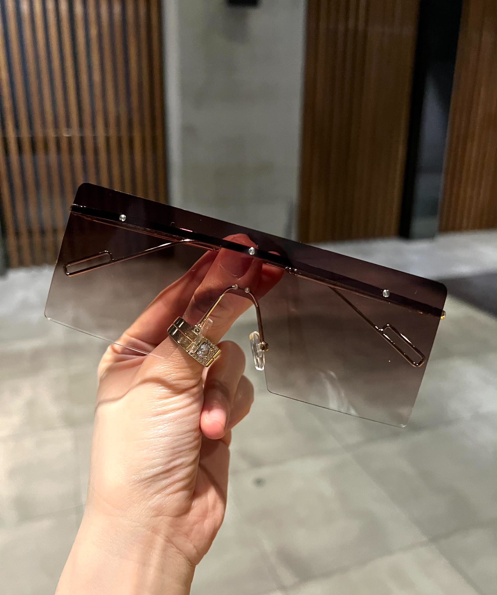 Kính mát thời trang bản to không viền dáng oversize màu nâu trà chống nắng cho nam nữ