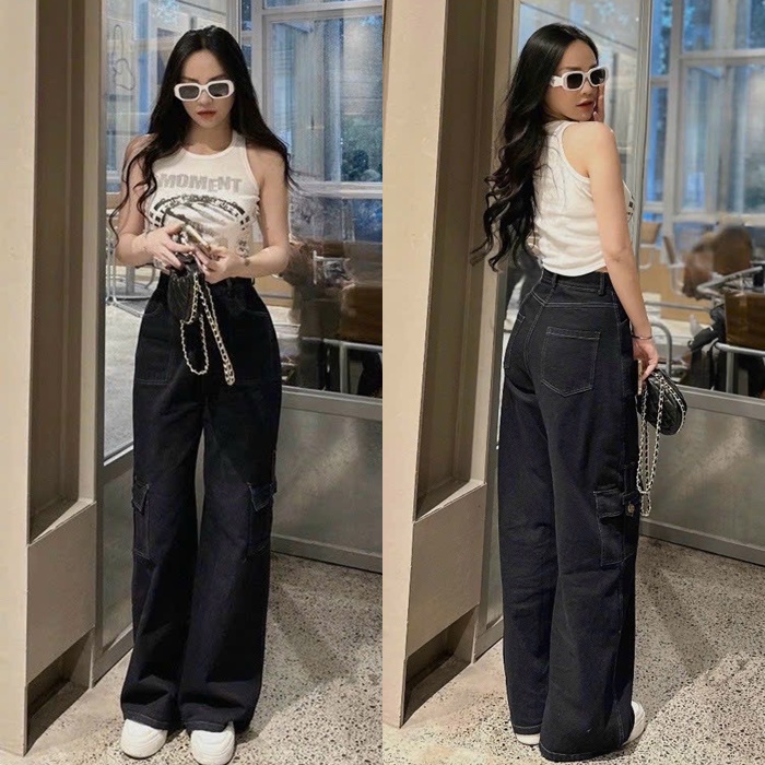 SET QUẦN JEANS ỐNG RỘNG LƯNG CAO DÀI SUÔNG TÚI HỘP TRƠN ĐEN + ÁO CROPTOP 3 LỖ ÔM BODY ĐI TIỆC DẠO PHỐ ĐI CHƠI ĐI BIỂN