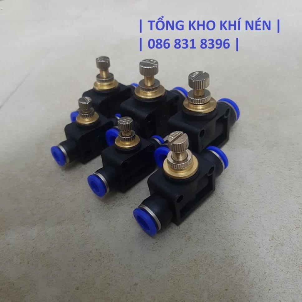 Van tiết lưu điều chỉnh khí nén, 2 đầu ống 4; 6; 8; 10; 12mm. Van tiết lưu núm sắt.