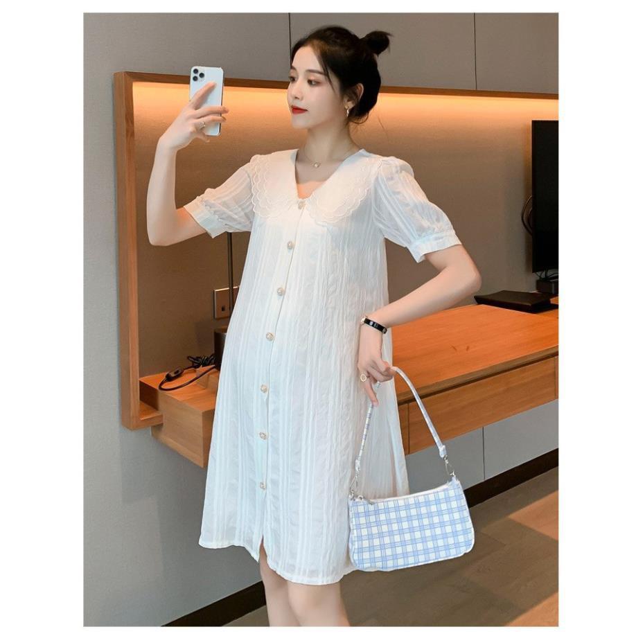 Váy bầu thiết kế️đầm bầu mặc đi làm đi chơi đều được️chất kẻ hàn siêu mát️váy cho bà bầu free size (43-68kg)