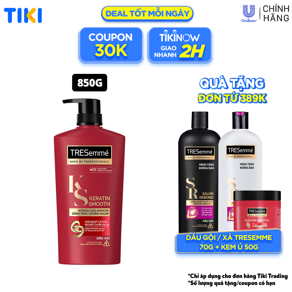 Dầu gội TRESEMME Keratin Smooth Cho tóc khô xơ rối Công thức Hydrolyzed Keratin Dưỡng Tóc Vào Nếp Suôn Mượt 850g