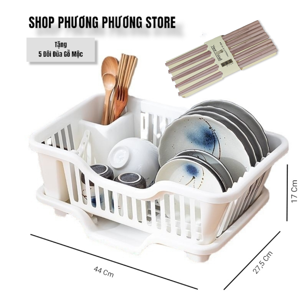 Rổ Úp Bát - Kệ Bếp Khay Đựng Chén Bát, Đĩa, Thìa, Đũa Có Khay Thoát Nước Tiện Lợi - Hàng Loại 1 - Chình Hãng HOKORI ( Tặng Sét 5 Đôi Đũa Gỗ Mộc }