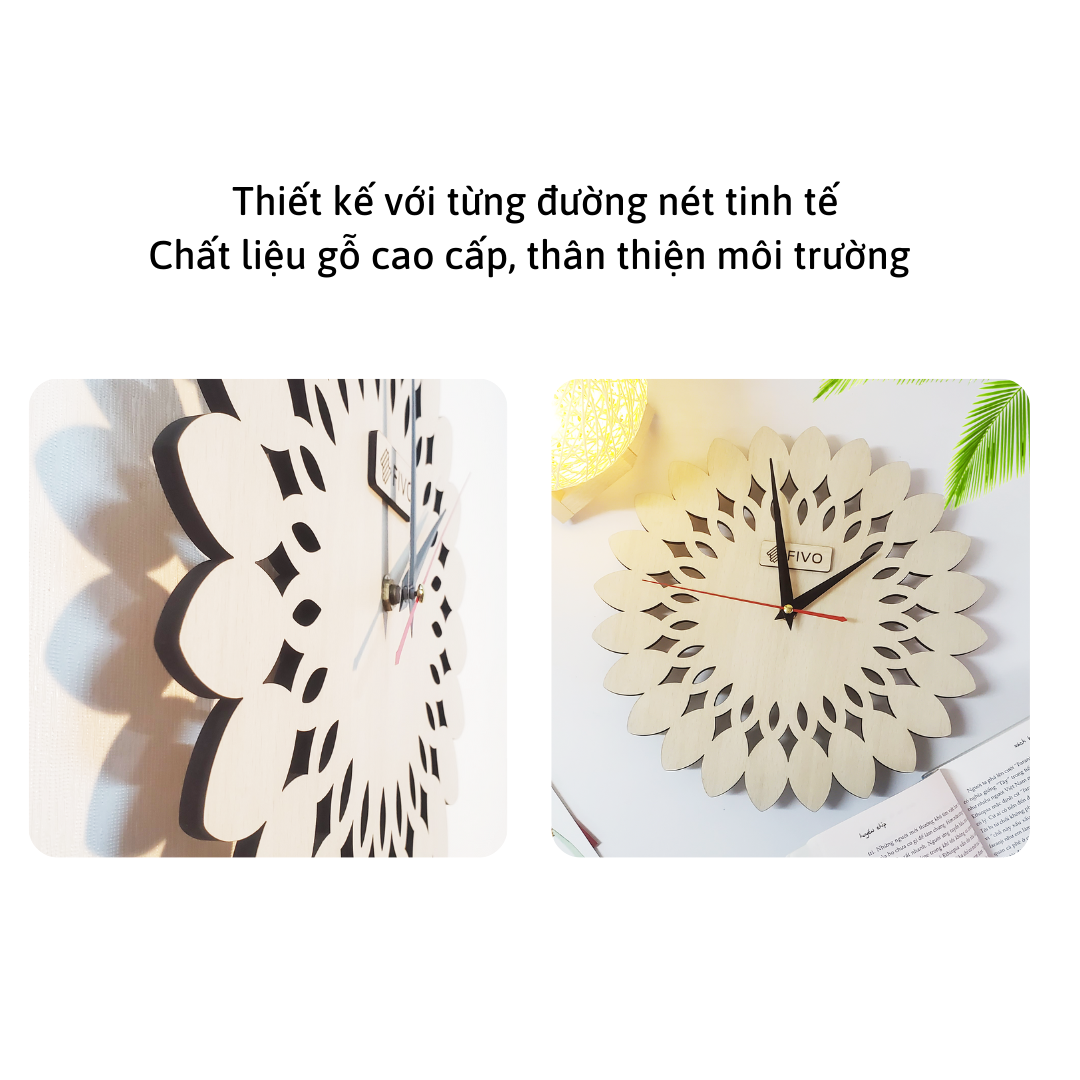 Đồng Hồ Treo Tường Gỗ Đẹp, Hiện Đại, Thương Hiệu FIVO Mẫu FW08 Hình Hoa Hướng Dương