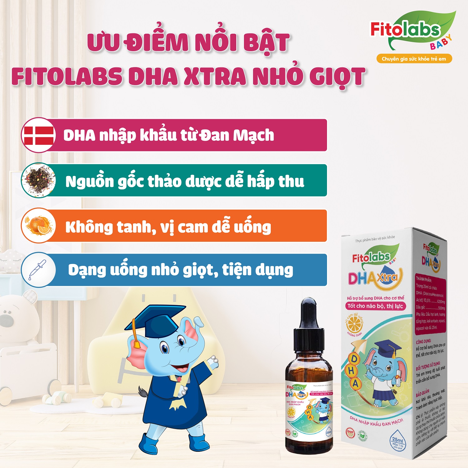 DHA nhỏ giọt không tanh Fitolabs DHA Xtra giúp phát triển trí não và thị lực cho bé - Lọ 25ml