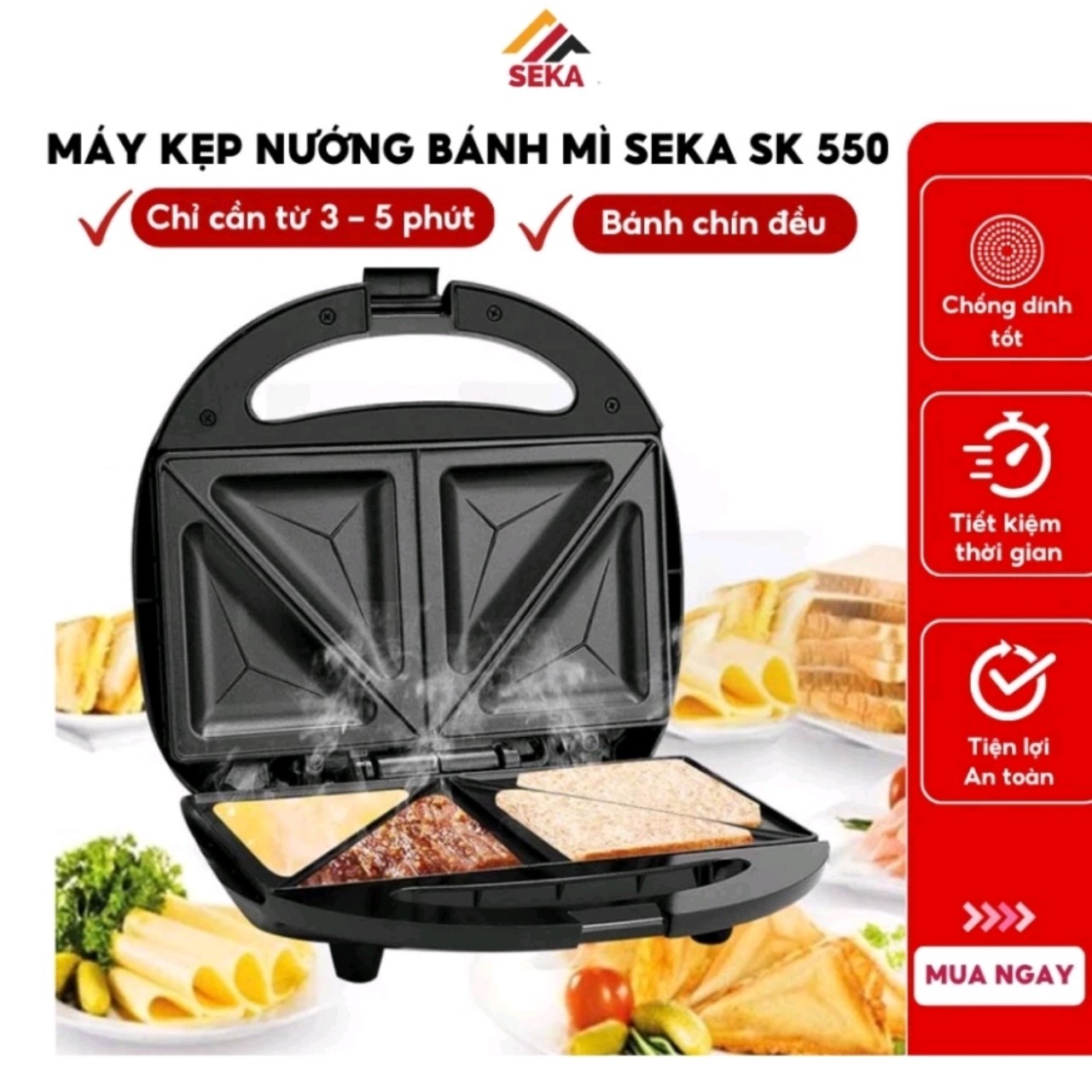 Máy nướng bánh mì sandwich, Máy kẹp nướng bánh mì nướng nhanh chín đều, chống dính tốt