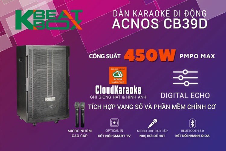 Dàn Karaoke di động ACNOS CB39D - Loa kéo bass 4 tấc - Công suất lên đến 450W - Đầy đủ bluetooth 5.0, cổng quang (Optical), AUX, USB - Kết nối với các thiết bị thông minh khác dễ dàng qua CloudKaraoke - Kèm 2 micro không dây UHF - Hàng chính hãng