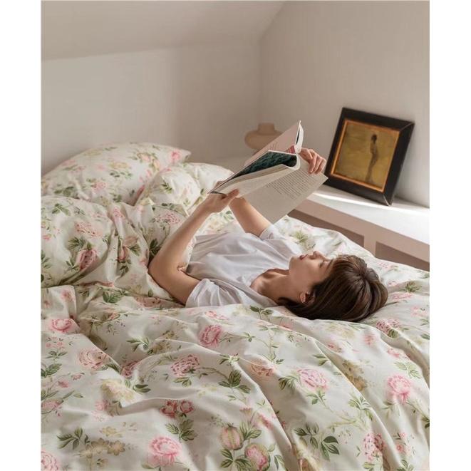 Bộ Chăn Ga Cotton Living 100%cotton Hàng Nhập Khẩu Cao Cấp 4 Món Hoa Hồng Vintage Nhẹ Nhàng