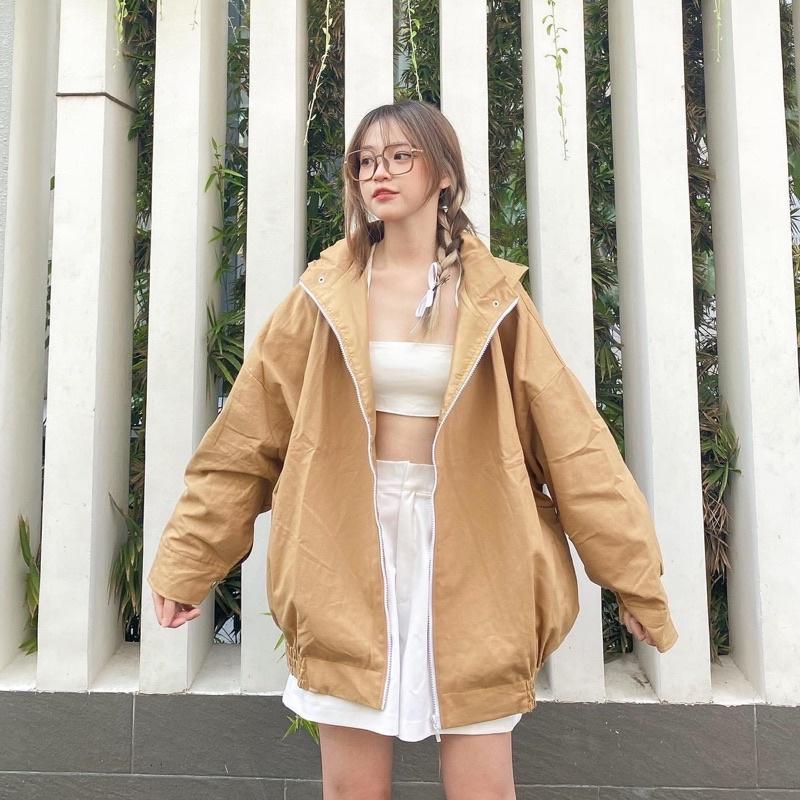 Áo Khoác Kaki TRƠN nón 2 lớp màu TAN Form Rộng Nam Nữ Unisex Áo khoác zip jaystoree