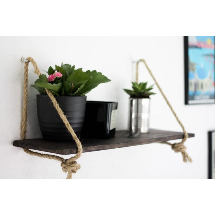 Kệ gỗ thông trang trí dây treo tường cao cấp 60x15cm sơn màu nâu