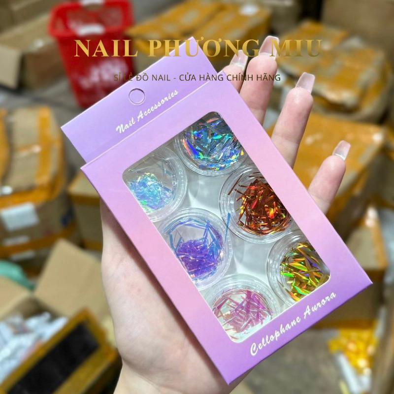 Set 6 Hũ Giấy Thuỷ Tinh, Giấy Kim Tuyến Cực Quang Làm Nail Lấp Lánh Nhiều Màu Trang Trí Móng Hàn Quốc Siêu Đẹp - Nail Phương Miu Nữ Women