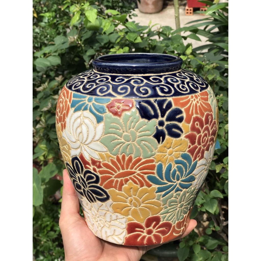 Bình Bách Hoa HN Gốm Sứ Nam Bộ Trang trí decor cắm hoa trưng hoa miệng xanh dương