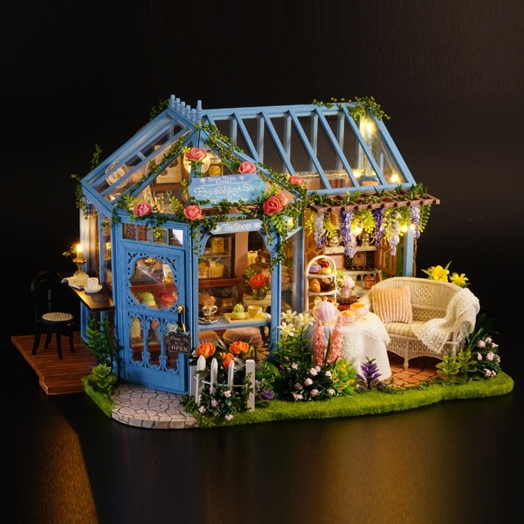 Mô hình nhà DIY Doll House Rose Garden Tea House Kèm Đèn LED, Hộp nhạc và MICA chống bụi