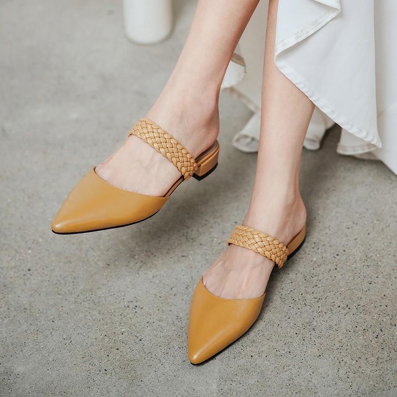 Giày cao gót thời trang mũi nhọn phối dây hở gót cao 2cm màu trắng size lớn 40 41 42 43 44