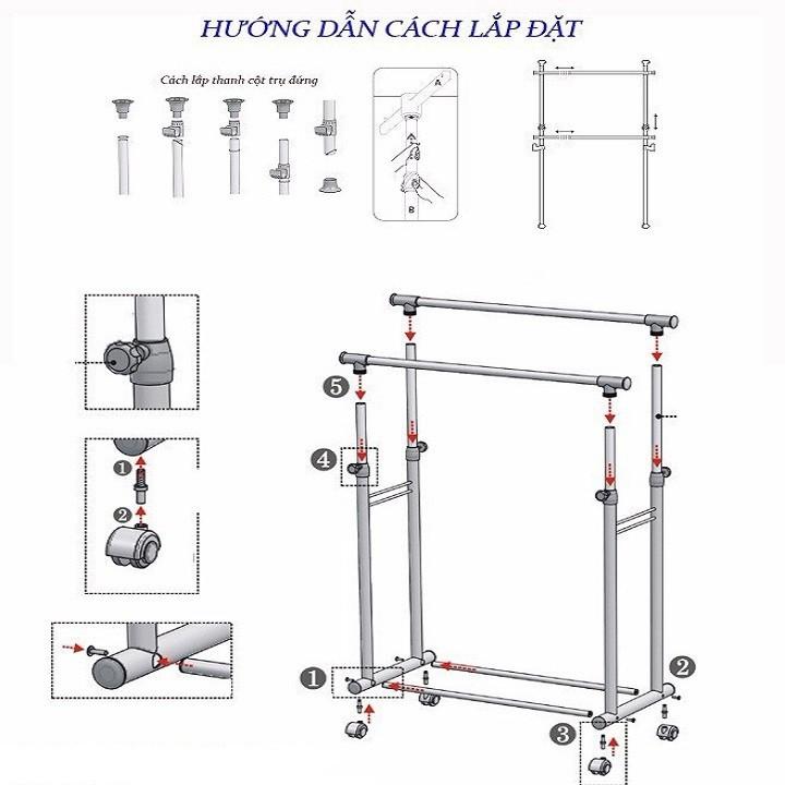 Dàn Phơi Quần Áo 2 Tầng Inox - Cây Phơi Quần Áo Có Bánh Xe Di Chuyển Tiện Dụng