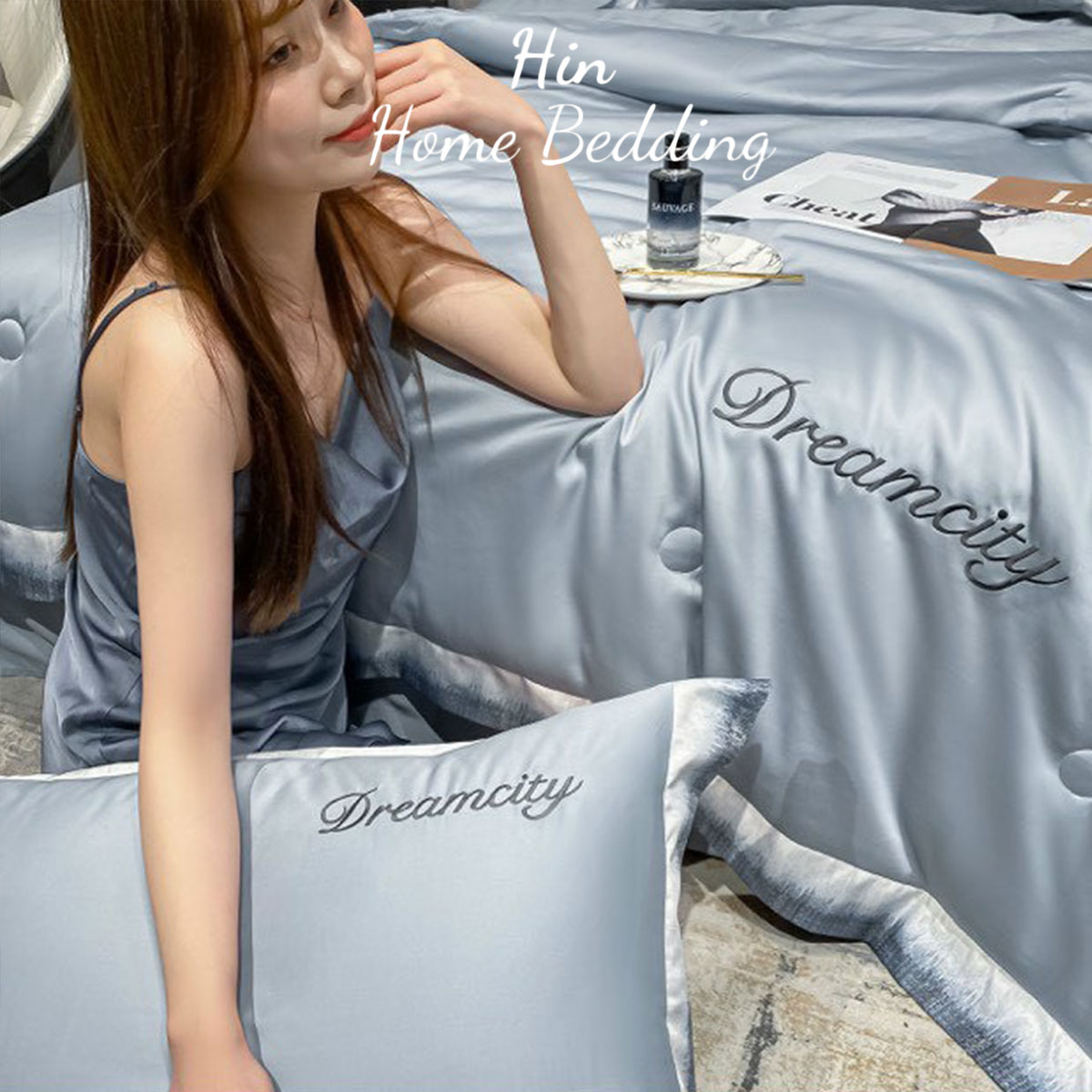 Bộ Chăn Ga Gối Đệm 5 Món Chăn Phao Lụa Thái Hin Home Bedding Mẫu Xanh Nhạt