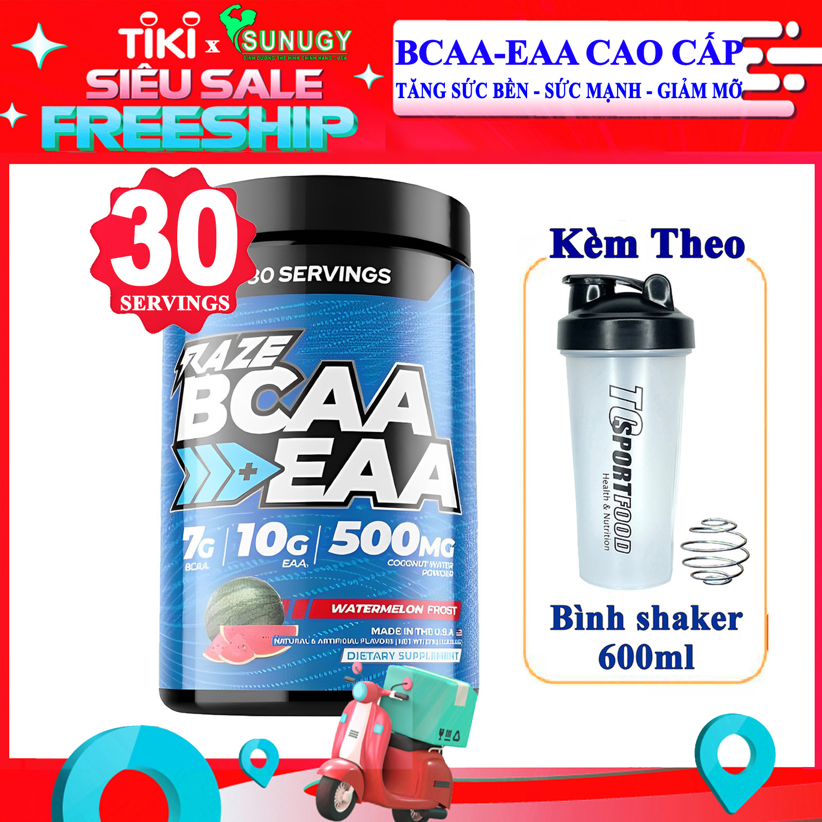 Combo EAA siêu hồi phục RAZE BCAA+EAA hộp 30 serving hỗ trợ tăng sức bền, sức mạnh, đốt mỡ, giảm cân & Bình shaker 600ml (mẫu ngẫu nhiên)