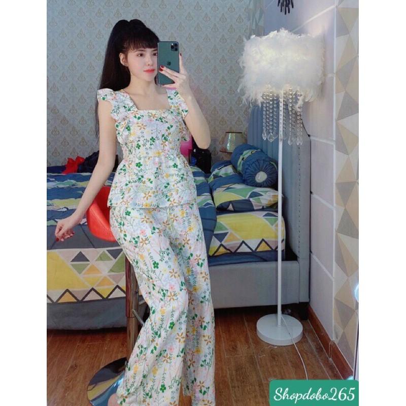 Set đồ nữ,đồ bộ nữ,đồ ngủ mặc nhà vải lụa hoa nhí quần ống rộng thời trang.