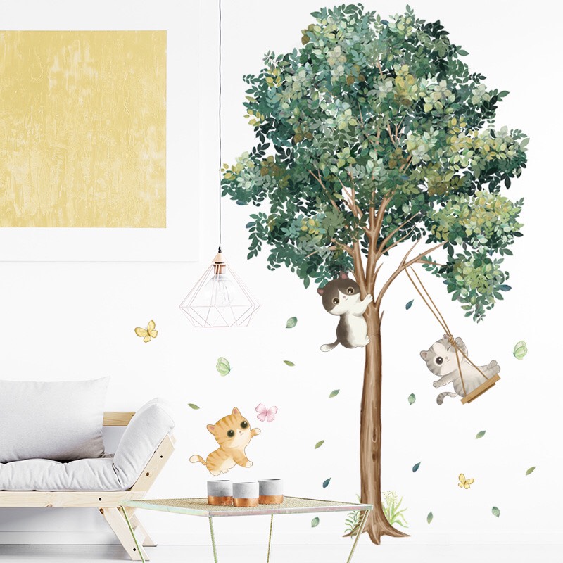 Decal trang trí tường - Cây xanh và 3 chú mèo vui đùa