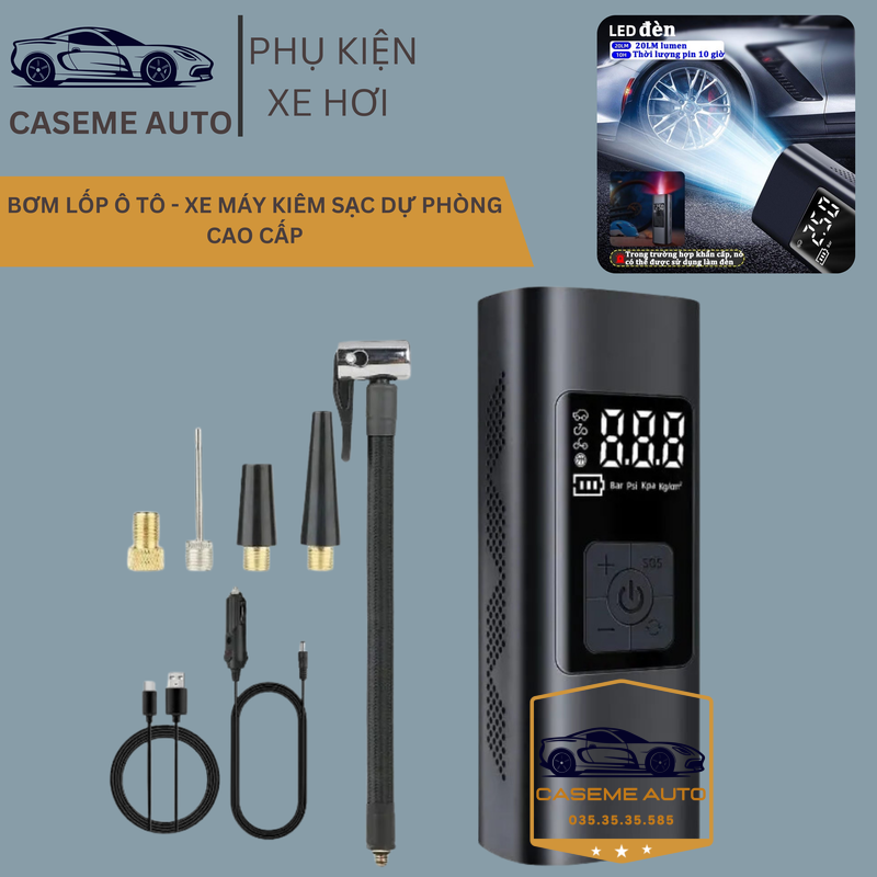 Bơm Lốp Ô Tô - Xe Máy Mini Không Dây CARSUN C3106, Pin Sạc 4000mAh, Áp Suất 150PSI, Có Đèn LED Chiếu Sáng, Đèn Cảnh Báo, Kiêm Sạc Dự Phòng Cao Cấp