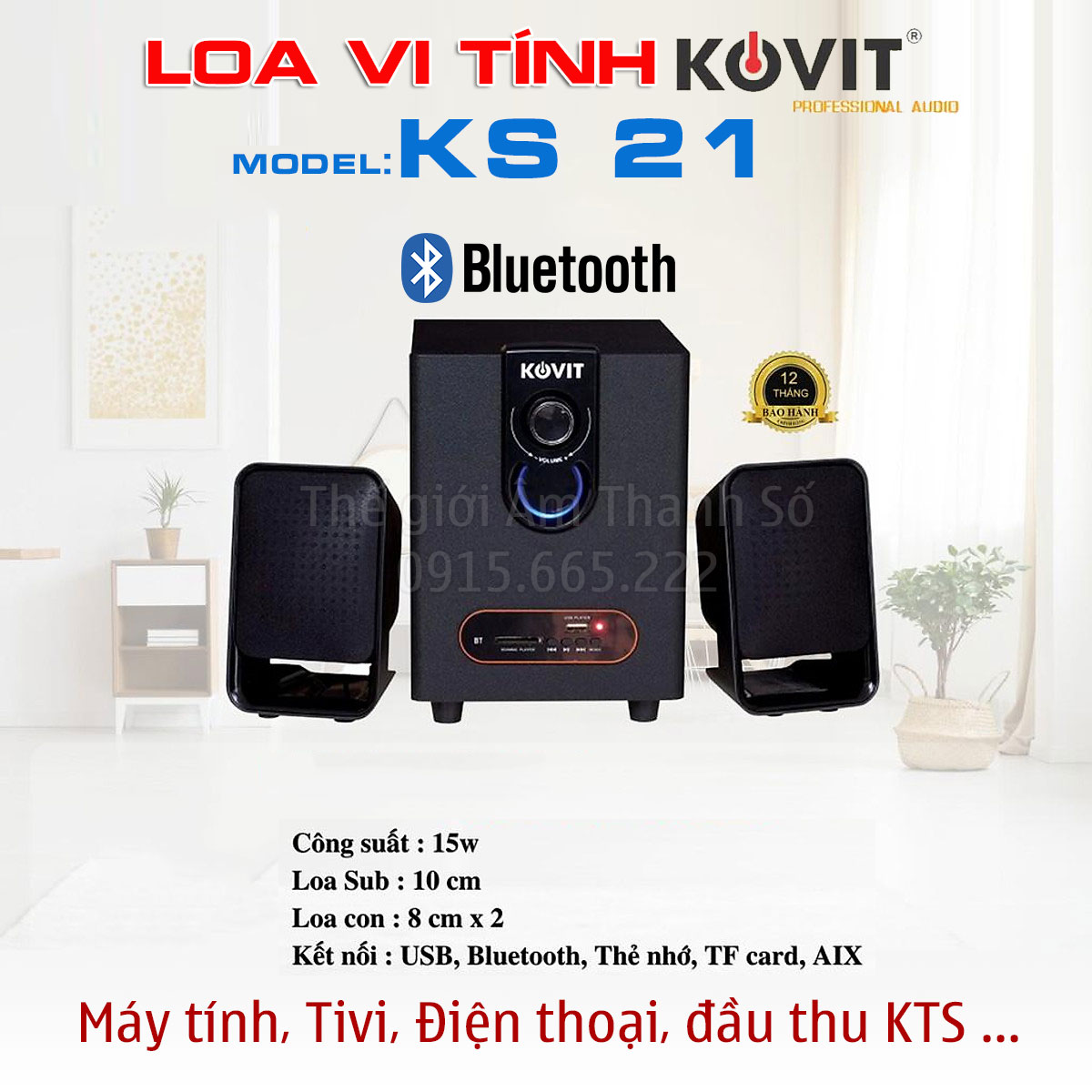 Loa vi tính Kovit KS 21 - Có bluetooth - Kết nối Máy tính, laptop, điện thoại, tivi, đầu thu KTS - Hàng Chính Hãng