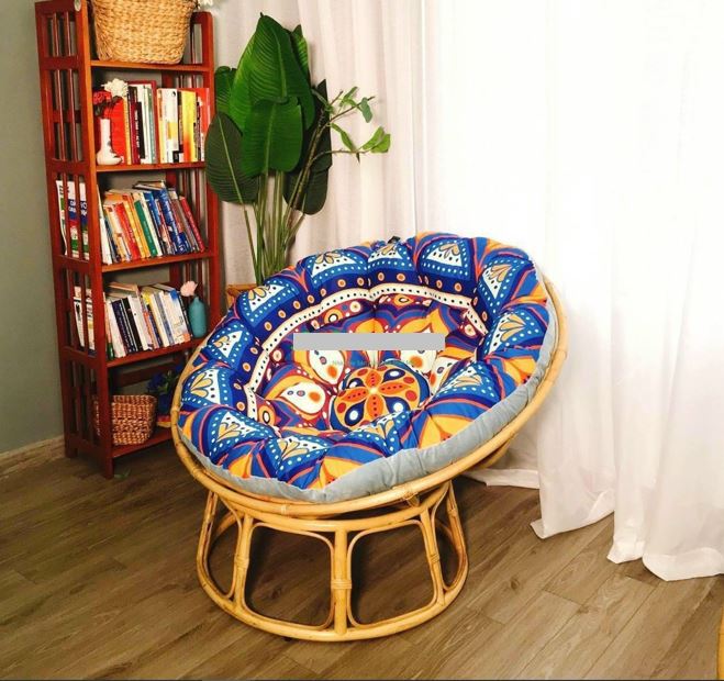 Ghế mặt trăng Papasan mây thật cao cấp Juno Sofa size 1m, Nệm hoa văn Indochine