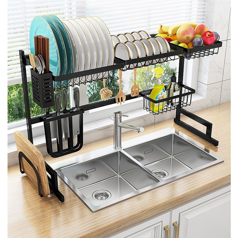 Kệ để chén bát, dao thớt bằng inox ráo nước trên bồn rửa - Bồn 2 chậu