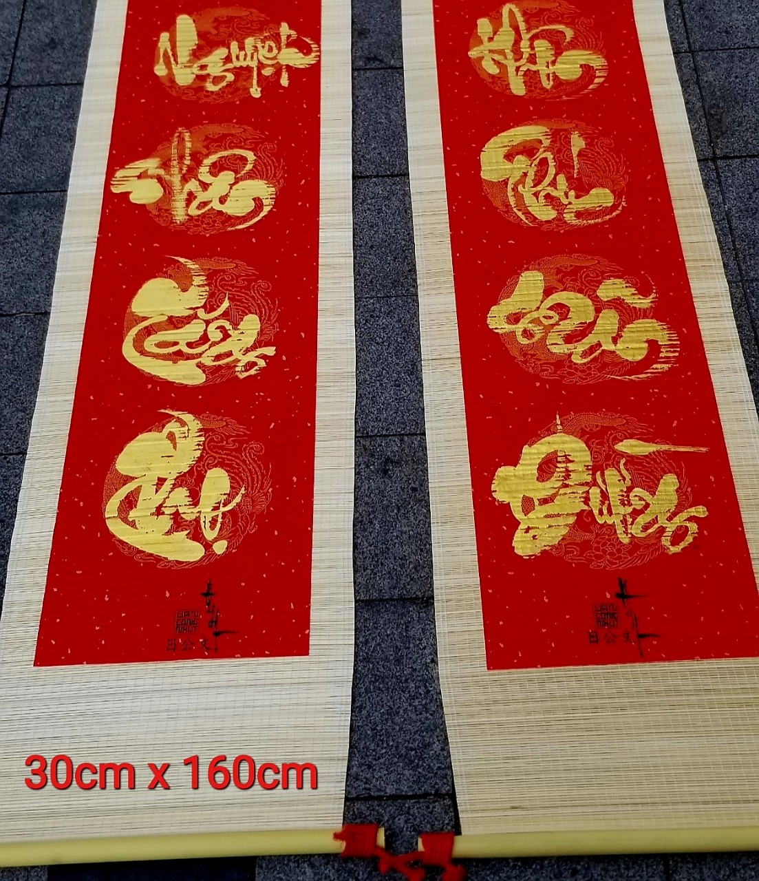 Câu đối tết. Câu đối mành tre kích thước 30cm x 160cm. Câu đối thư pháp.