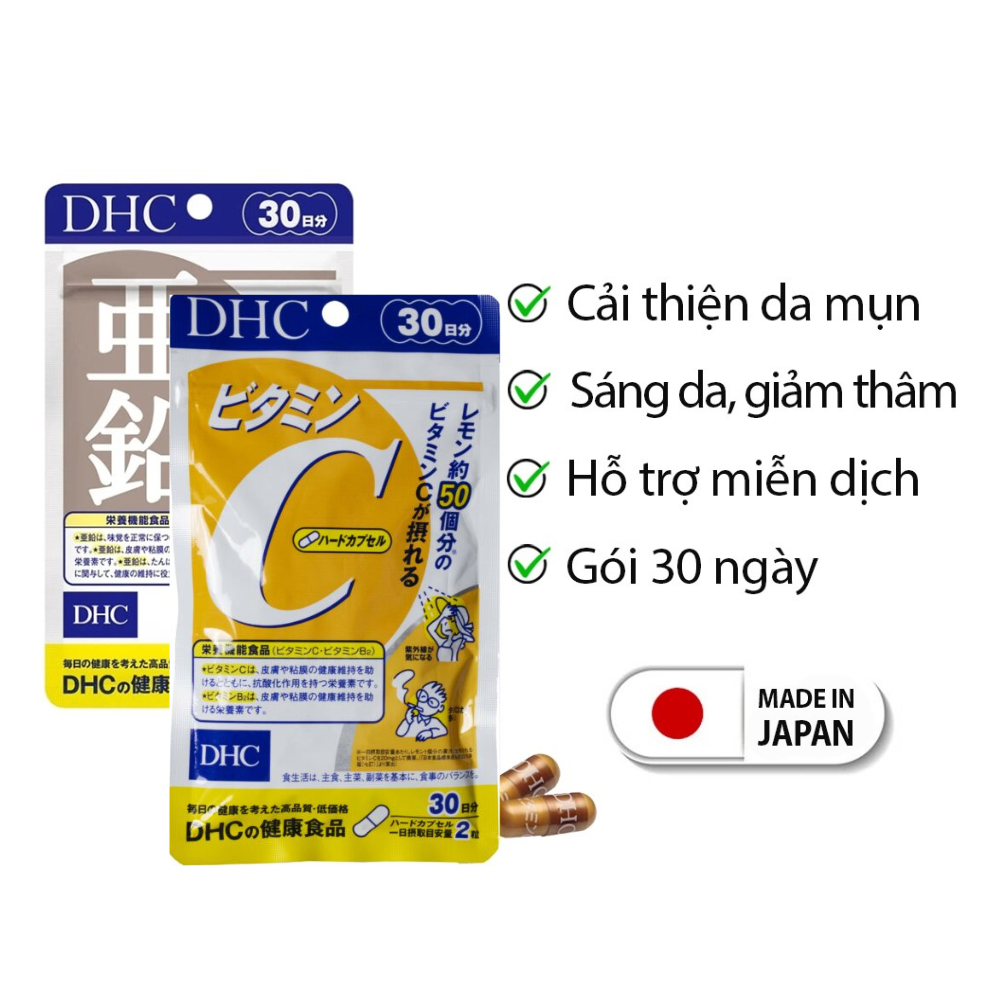 Combo NGỪA MỤN - GIẢM THÂM DHC Nhật Bản gồm viên uống vitamin C và viên uống kẽm 30 ngày JN-DHC-CB2