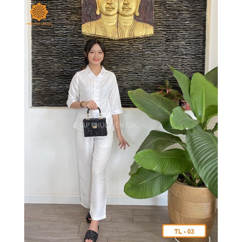 Đồ lam đi chùa nữ - Pháp phục mẫu tim lụa phối nẹp cao cấp, bền màu không nhăn xưởng may Liên Cúc