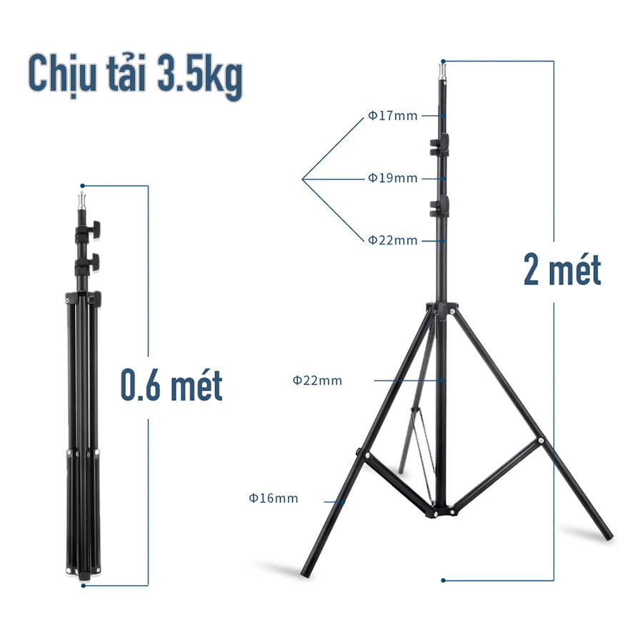 Giá đỡ 3 chân đa năng siêu cao 2 mét gắn đèn led, gắn điện thoại, máy tính bảng hỗ trợ livestream, quay video