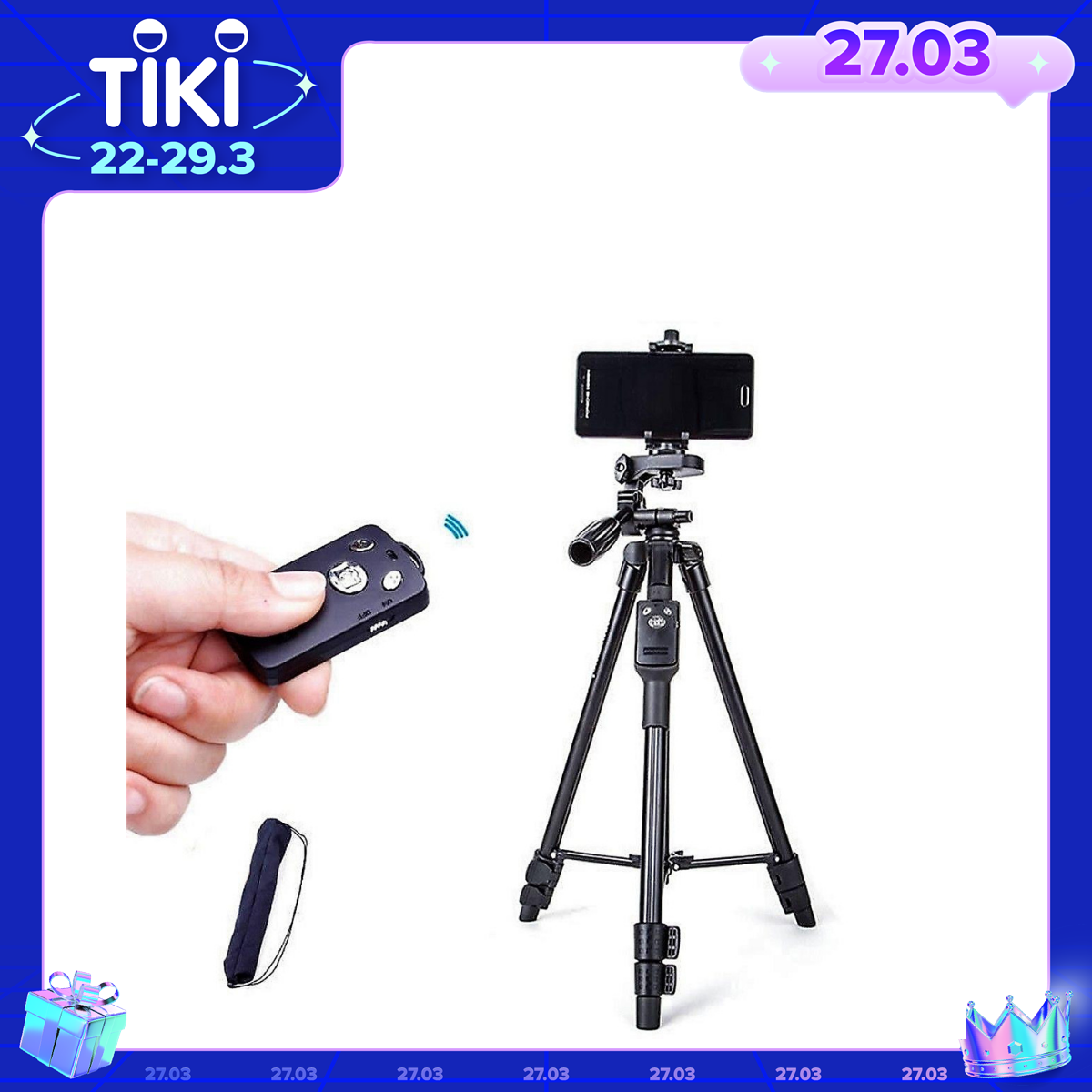 Combo Chân Máy Tripod 5208 + Đầu kẹp + Remote + Cáp + Túi đựng