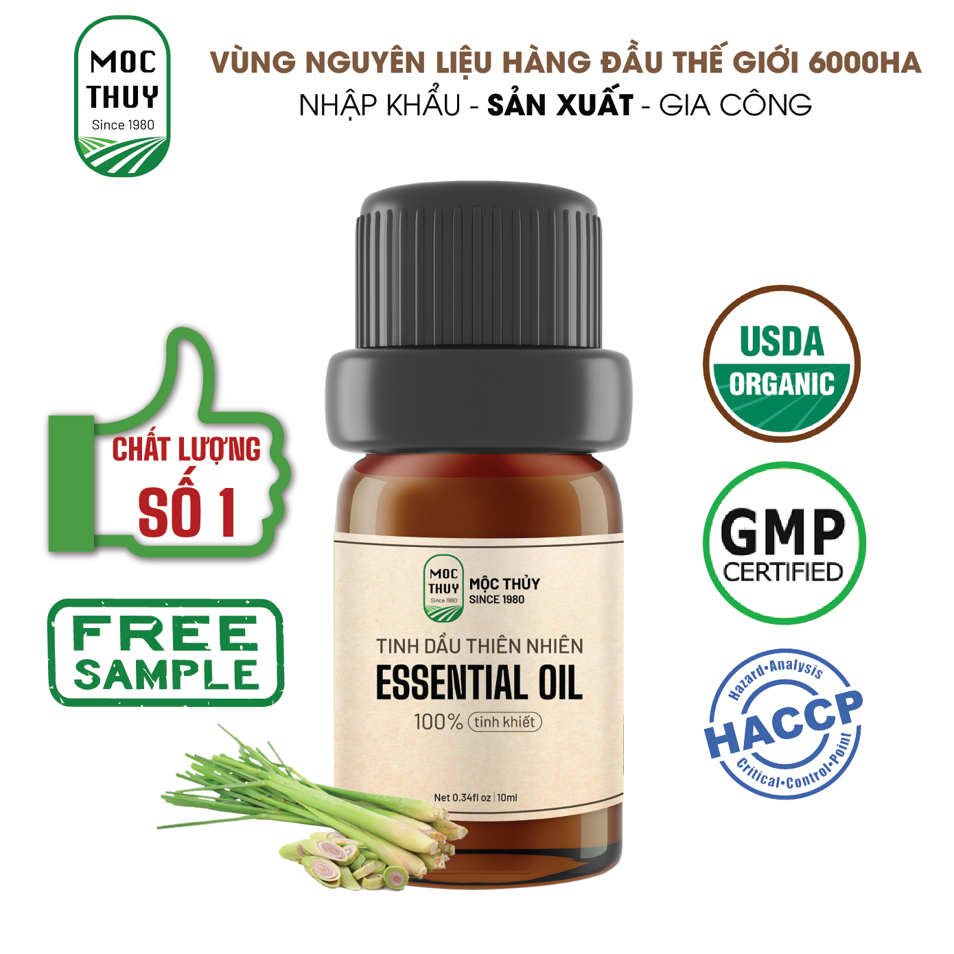 Tinh Dầu Sả Chanh VN Nguyên Chất Hữu Cơ MỘC THỦY 100ML - Lemongrass Essential Oil - Khử Mùi Xông Thơm Phòng, Thư Giãn - Đạt chuẩn chất lượng kiểm định