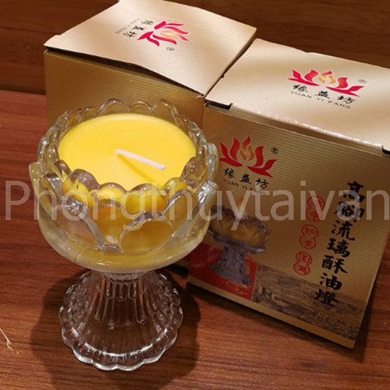Nến ly sáp BƠ chân cao thủy tinh Vàng thơm tự nhiên, ít khói - thờ cúng.