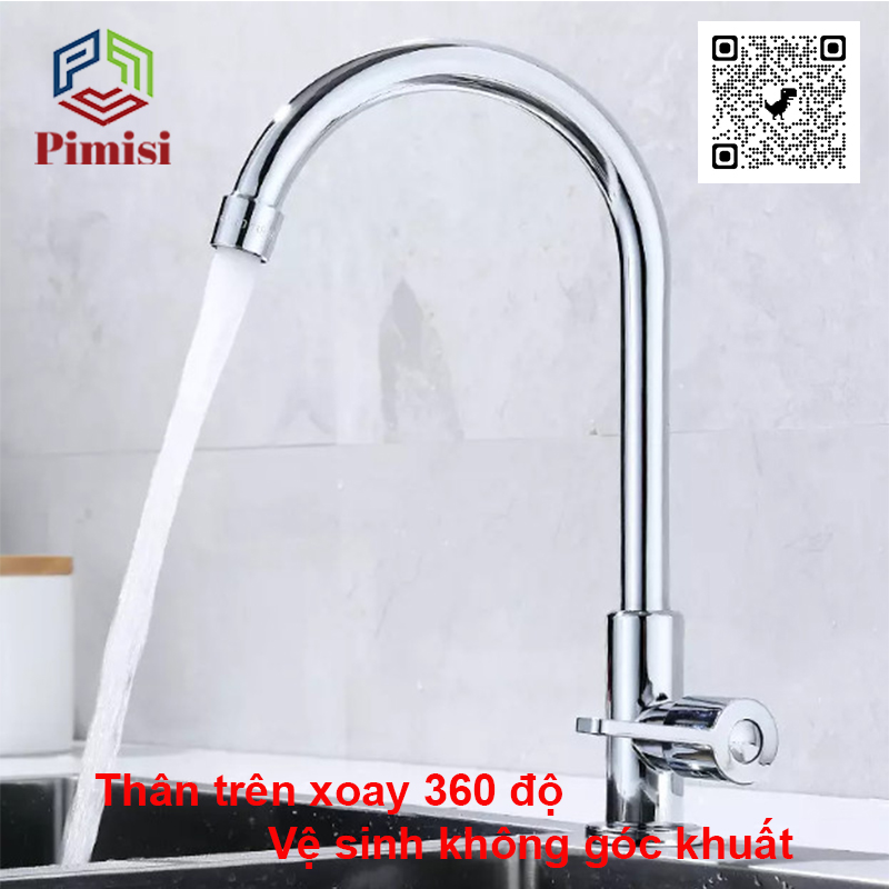 Vòi Rửa Chén Lạnh 1 Đường Nước INOX 304 Pimisi Cao Cấp Mạ Xi Cr/Ni Sáng Bóng Cổ Xoay Bi Cấp Nước Cho Chậu Rửa Bát 1-2-3 Hố Trong Nhà Bếp Gắn Chậu Âm - Dương Bàn Đá Quay 360 Tăng Áp Kiểu Đơn Cổ Ngỗng Cần Cứng - Thân - Để To | Hàng chính hãng