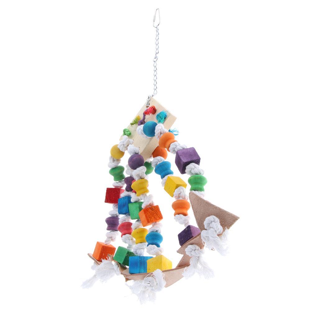 2 Pcs Hanging Toys for Pet Parrot,Colorful Wood Blocks Loofah Leather Swing