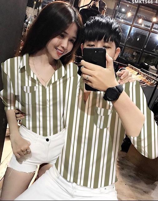 Áo sơ mi cặp sọc đứng trắng phối màu đẹp cao cấp