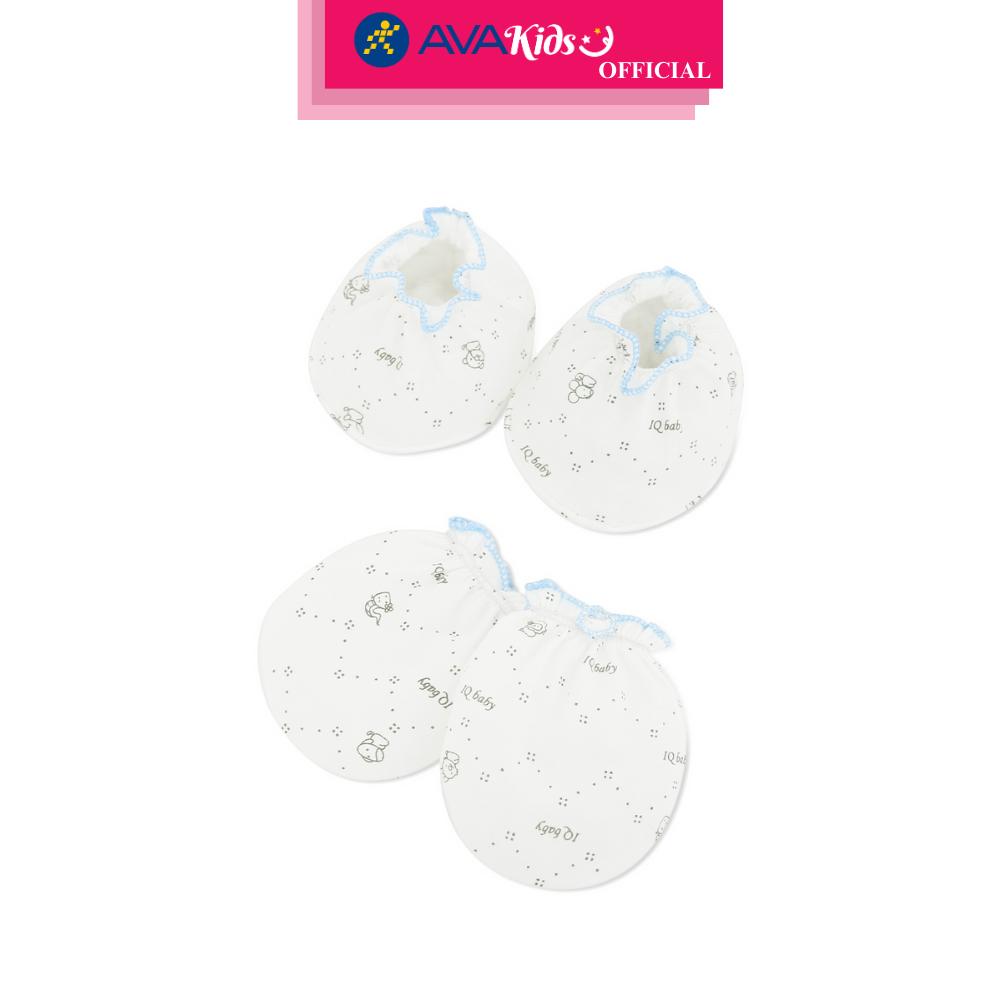 Bộ bao tay, bao chân in thú, viền xanh IQ Baby màu trắng (0 - 3 tháng) - Hàng Chính Hãng