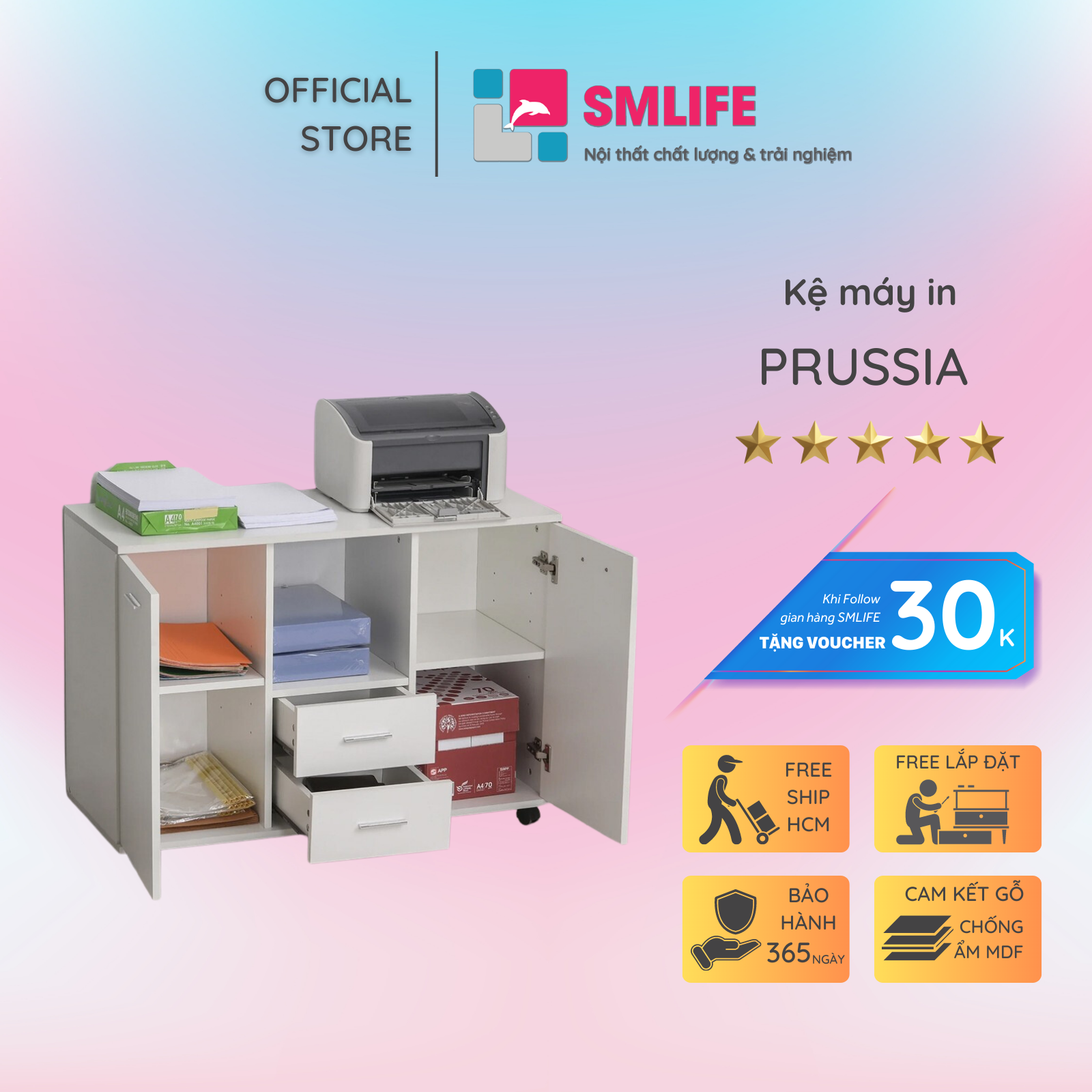 Kệ để máy in gỗ hiện đại SMLIFE Prussia  | Gỗ MDF dày 17mm chống ẩm | D100xR40xC71cm