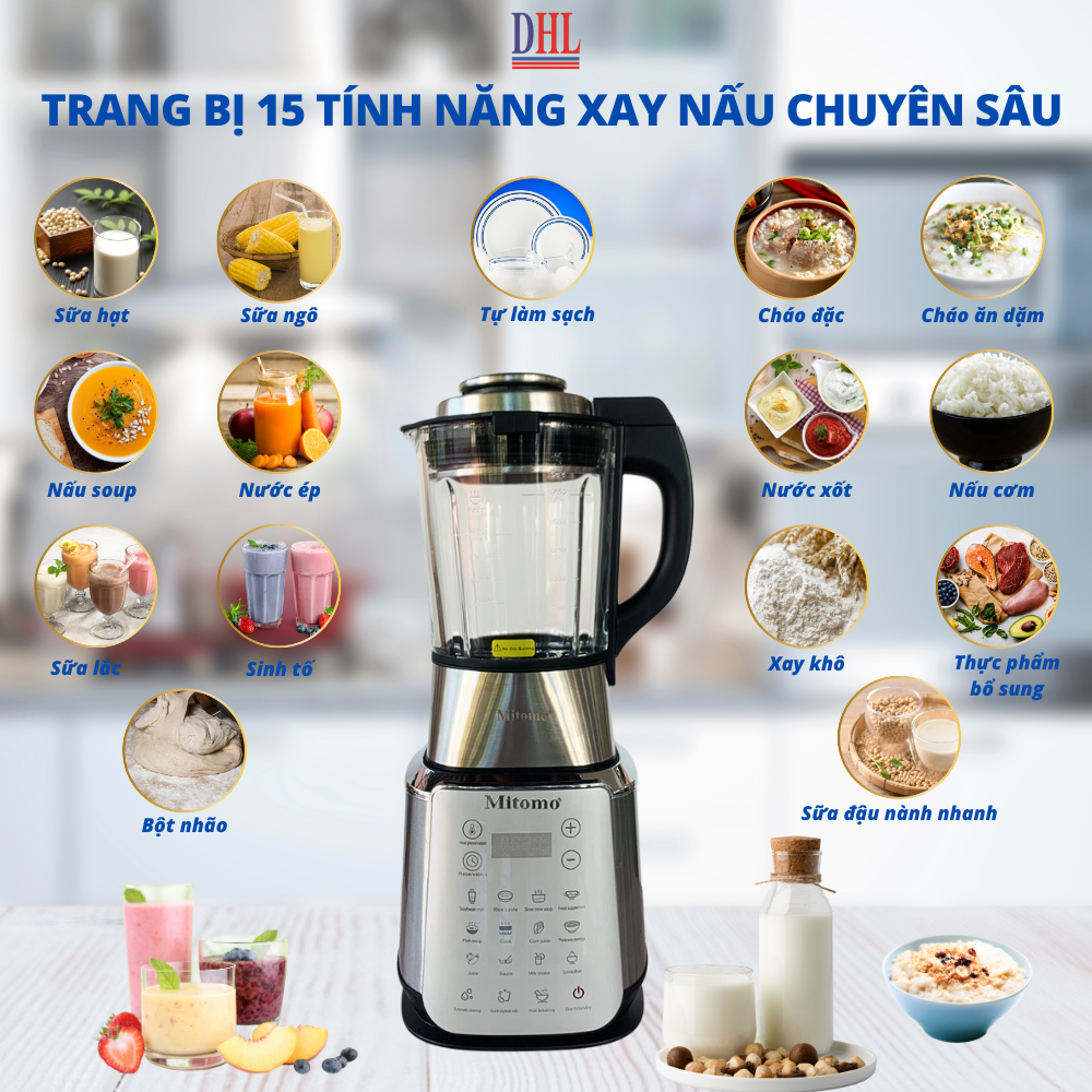 Máy làm sữa hạt, Nấu cháo Mitomo MSH-539V1, Công suất 1800W -Hàng Chính Hãng Bảo Hành 3 năm