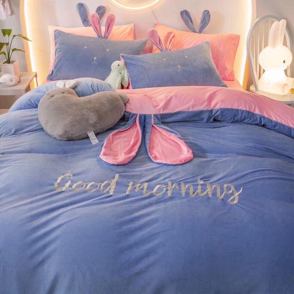 Bộ Chăn Ga Gối Nỉ Nhung HIN BEDDING, Bộ Chăn Ga Gối Nỉ Tai Thỏ Đáng Yêu Mềm Mịn Cao Cấp