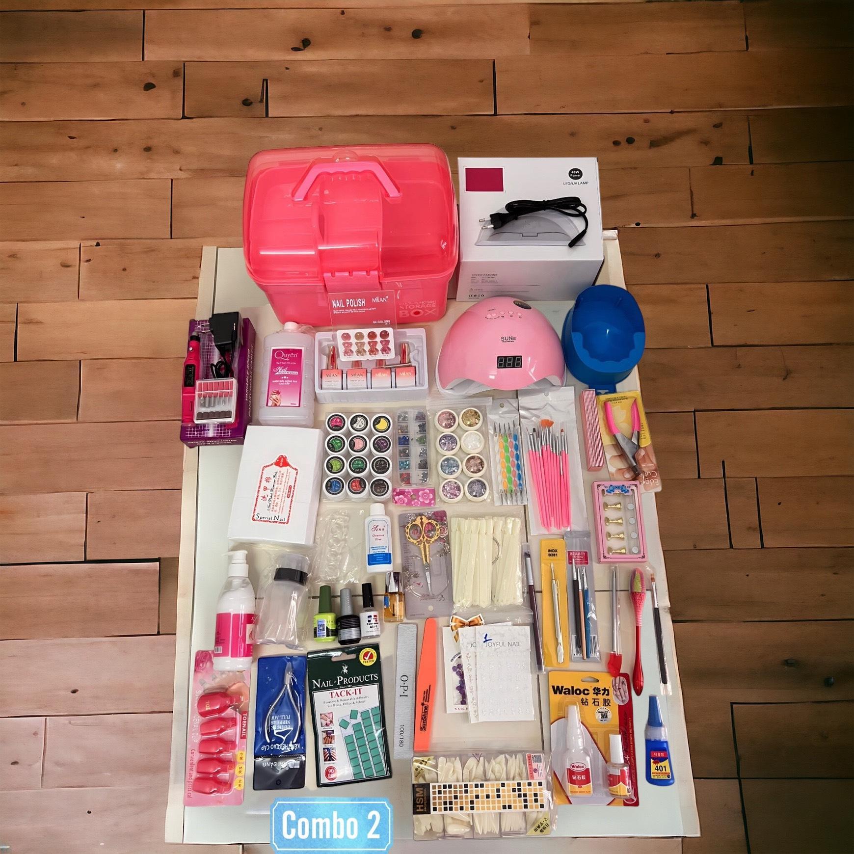 Combo Dụng Cụ Làm Nail Cơ Bản Số 2, Bộ Phụ Kiện Gồm Cốp Nhựa Hồng, Máy Hơ Sun 5, Set Sơn 4 Màu, Tiện Lợi, Chất Lượng