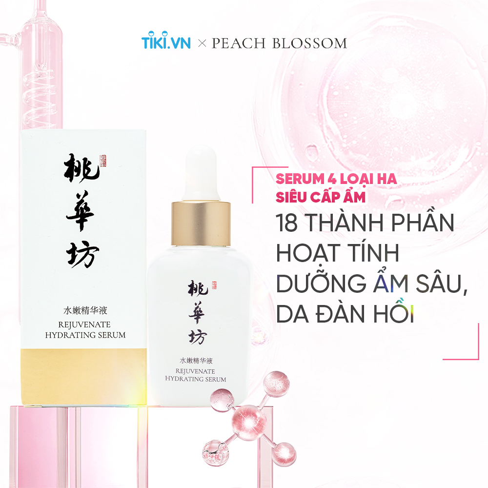 Serum Siêu Cấp Ẩm Với 4 Loại Hyaluronic Acid Đậm Đặc, Beta Glucan, Giúp Trẻ hóa, Chống Lão Hóa, Làm Mịn Da, Cho Da Săn Chắc, Làm Dịu Da, Kháng Khuẩn Với Rau Má, Tràm Trà, Trà Xanh Peach Blossom Rejuvenate Hydrating Serum