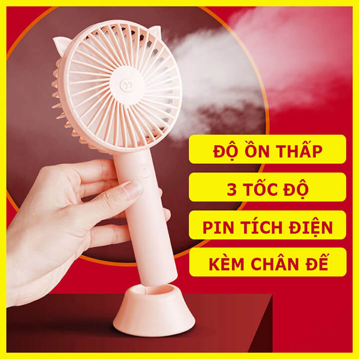 Quạt tích điện mini cầm tay để bàn 3 chế độ gió, quạt mini cầm tay 4 cánh sạc tích điện tai thú có chân đế để bàn - QUẠT SS2