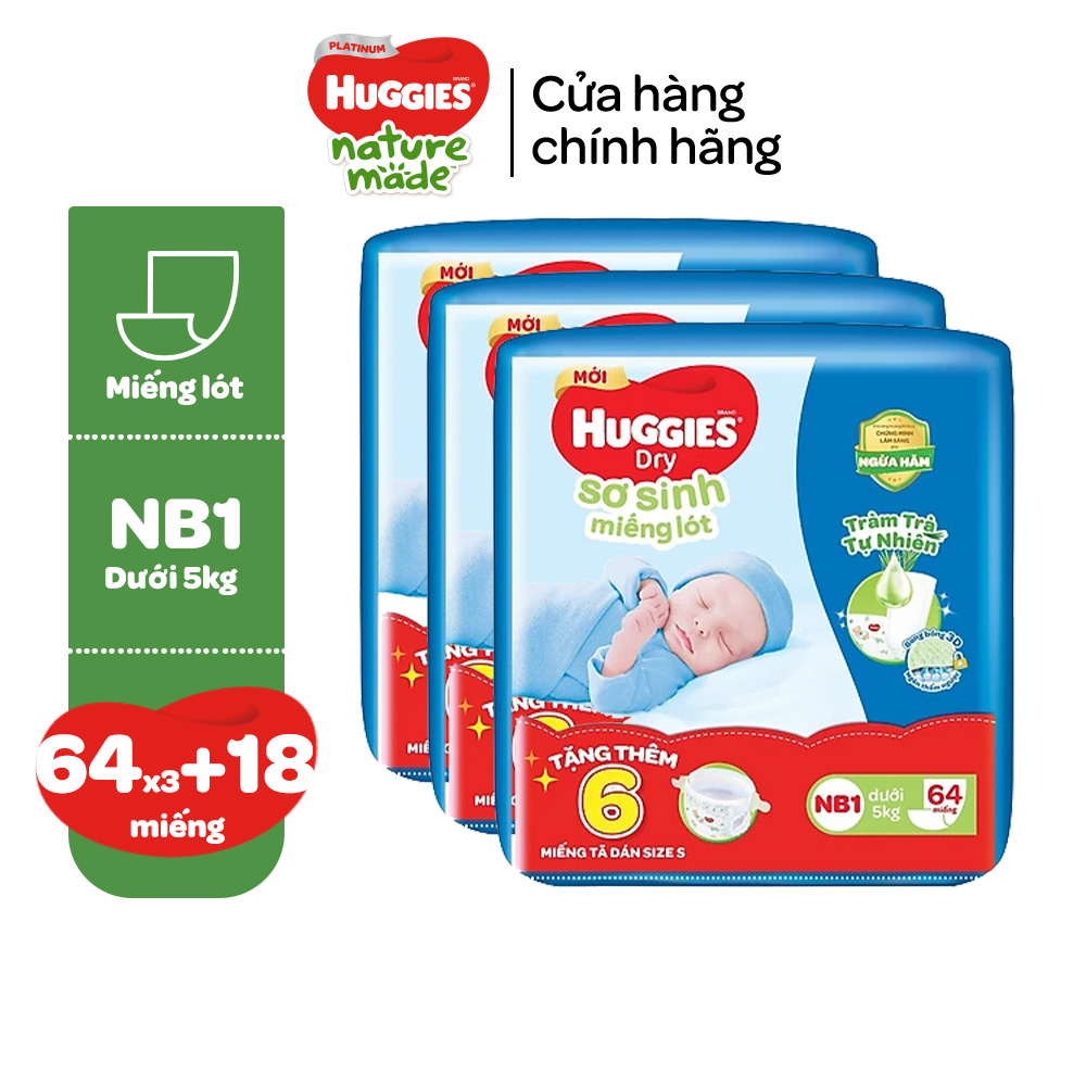 [Tặng 18 miếng tã dán size S] Combo 3 Miếng lót Sơ Sinh Huggies Tràm Trà NB1 64 miếng