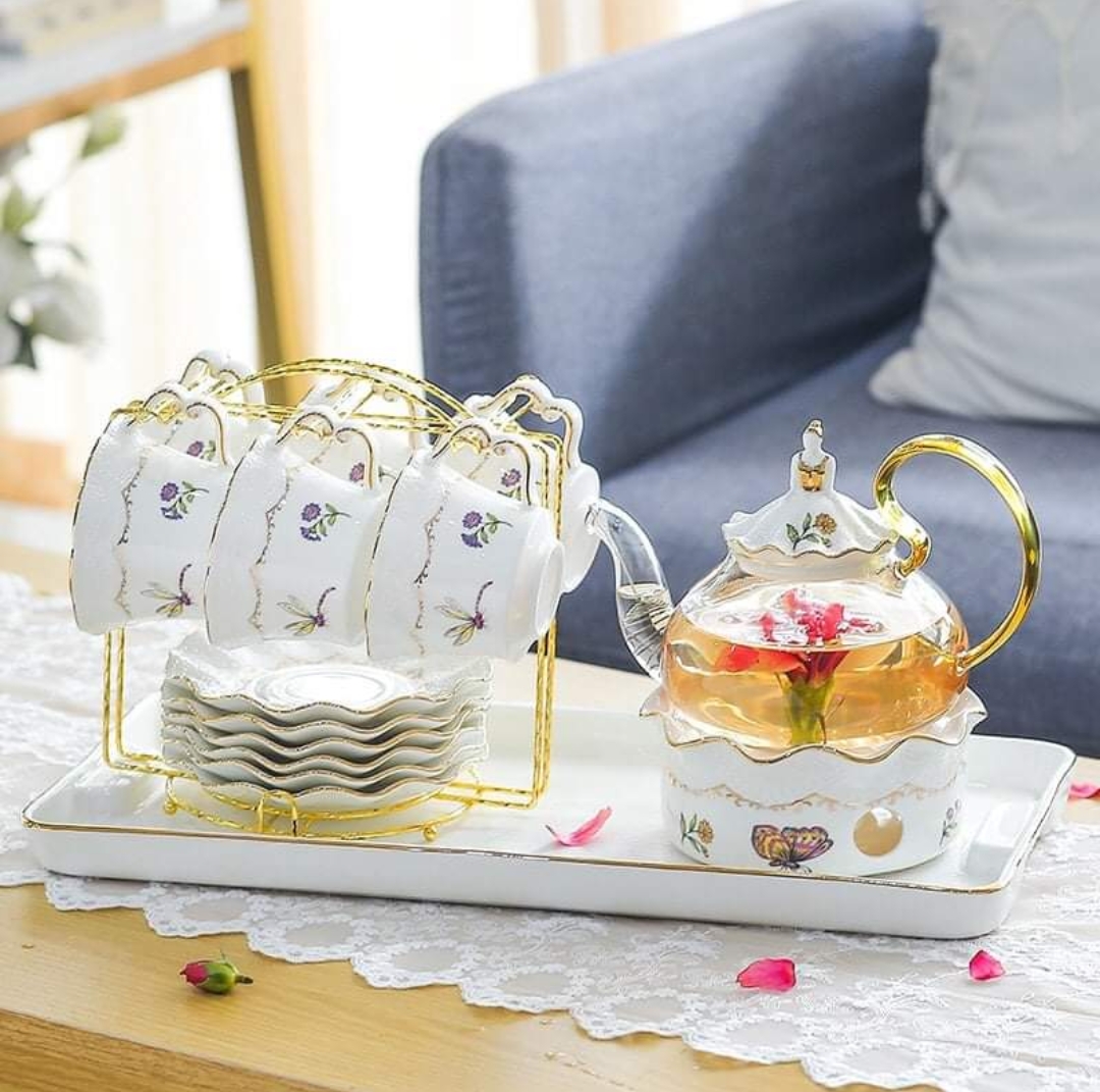 Bộ bình trà hoa hồng tím kèm khay và bếp trâm trà viền vàng sang trọng