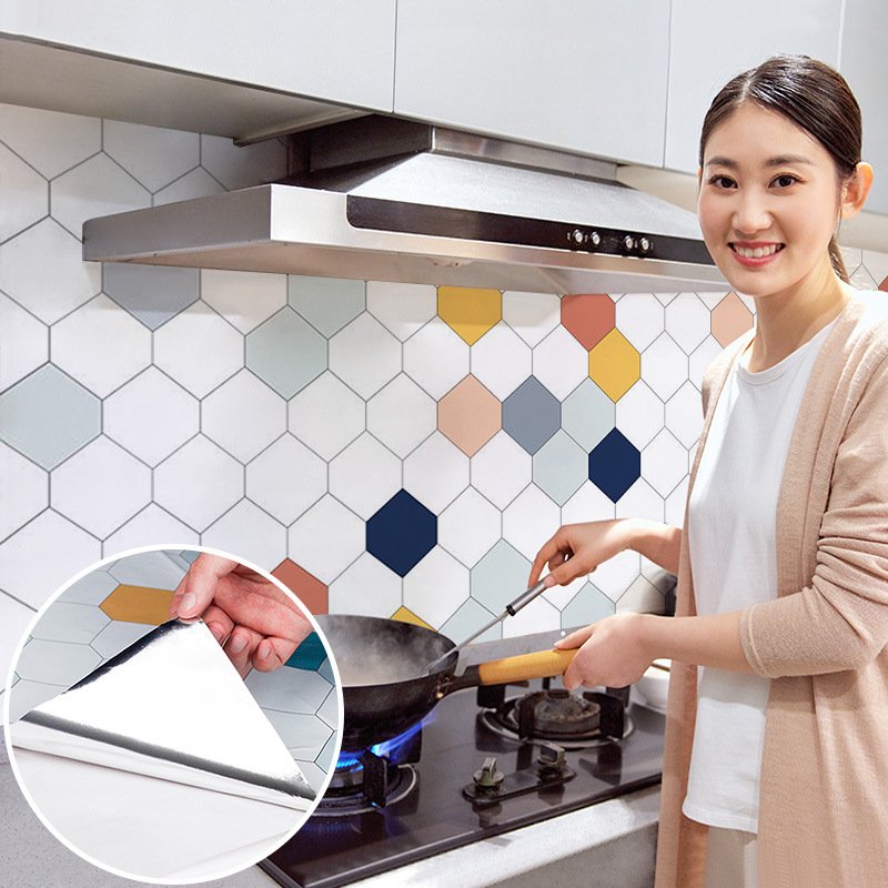 Decal dán bếp ô họa tiết lục giác sắc màu - lau chùi dễ dàng