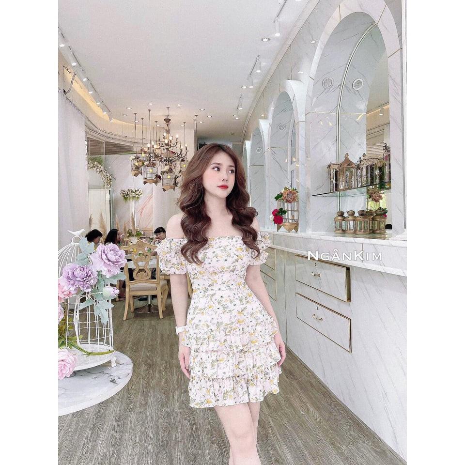 Đầm nữ chât lụa in hoa thiết kế trễ vai cao cấp