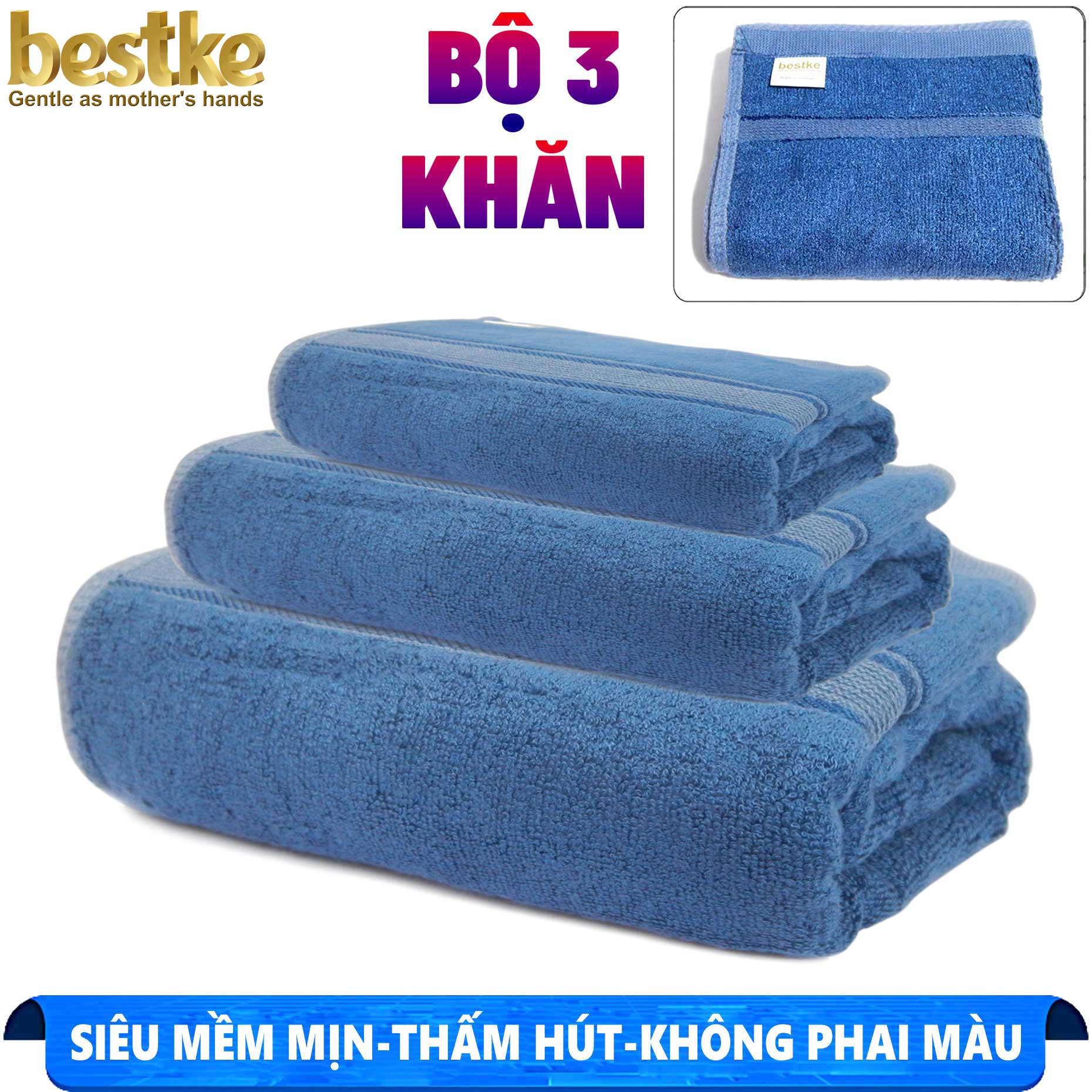 BỘ 3 Khăn Tắm, Khăn Gội, Khăn Mặt sợi tre Bestke Cao cấp Xuất khẩu Hàn Quốc màu Xanh, Bamboo Towel