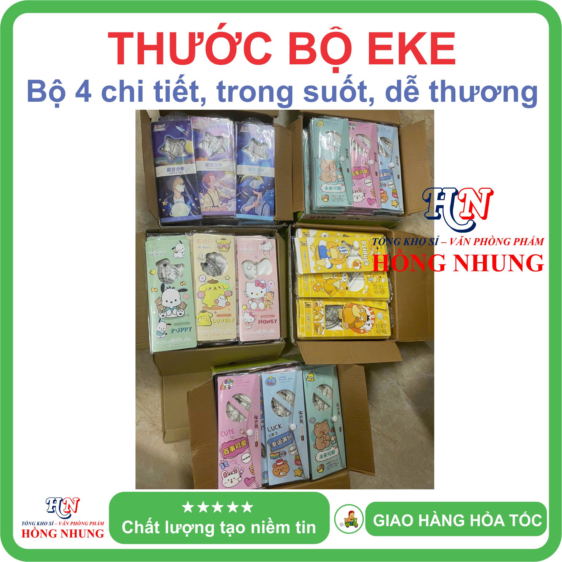 [SALE] Bộ Thước Eke 4 món dễ thương kèm túi, trong suốt, thích hợp cho học sinh để đo vẽ trường tròn, vẽ góc